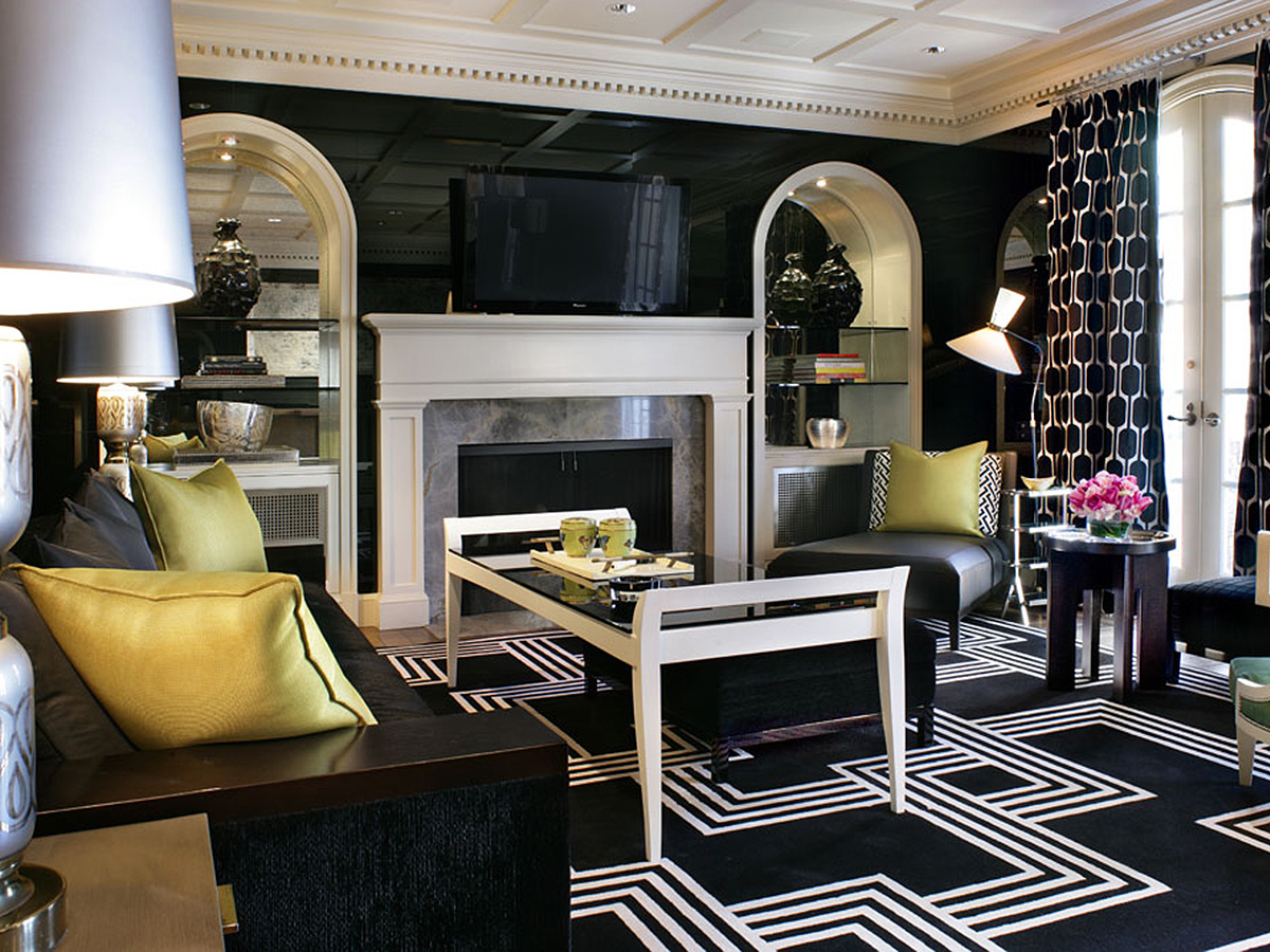 a black and white themed living room interior